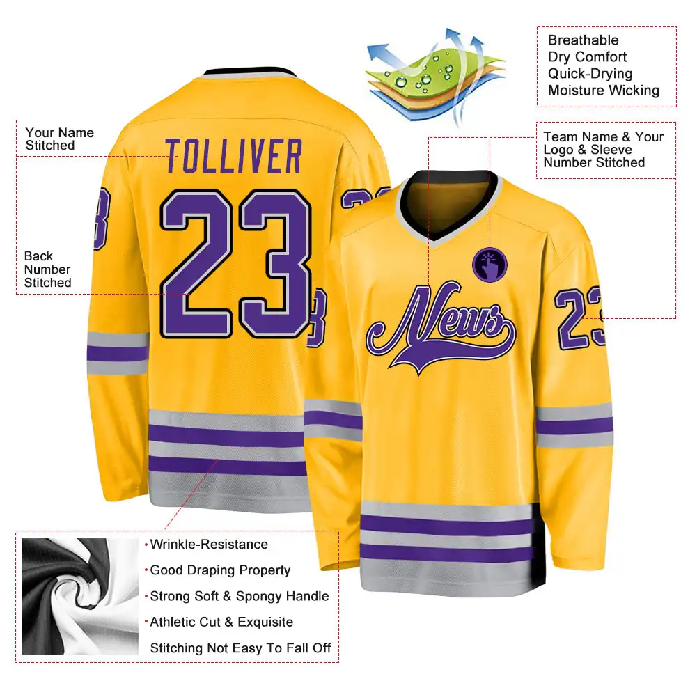 Inktee Store - Stitched And Print Gold Purple-Gray Hockey Jersey Custom Image