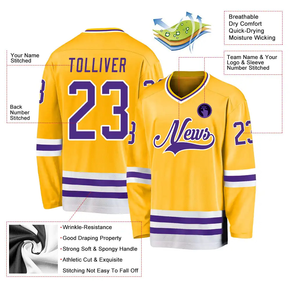 Inktee Store - Stitched And Print Gold Purple-White Hockey Jersey Custom Image