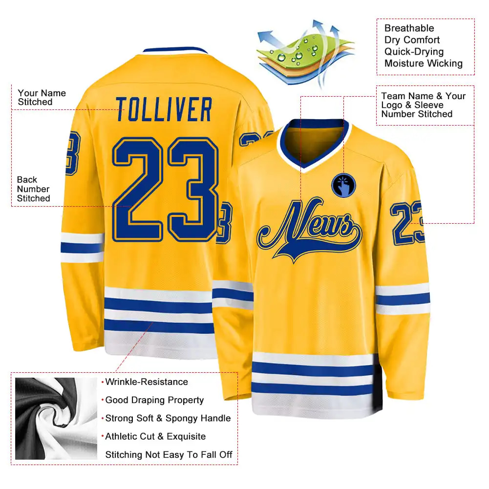 Inktee Store - Stitched And Print Gold Royal-White Hockey Jersey Custom Image