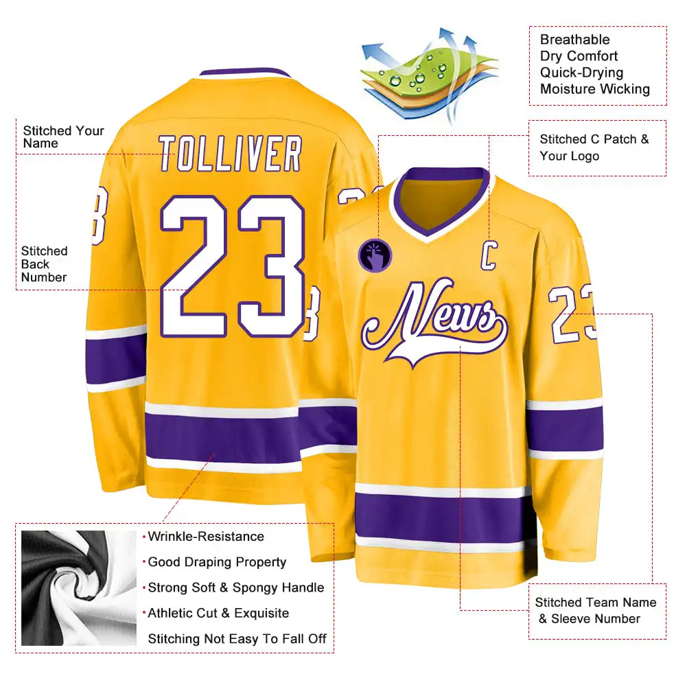 Inktee Store - Stitched And Print Gold White-Purple Hockey Jersey Custom Image