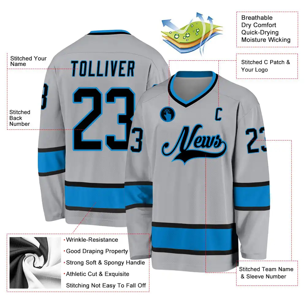 Inktee Store - Stitched And Print Gray Black-Blue Hockey Jersey Custom Image