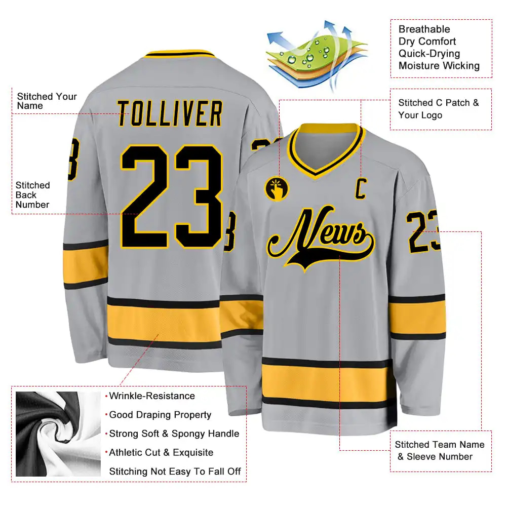 Inktee Store - Stitched And Print Gray Black-Gold Hockey Jersey Custom Image