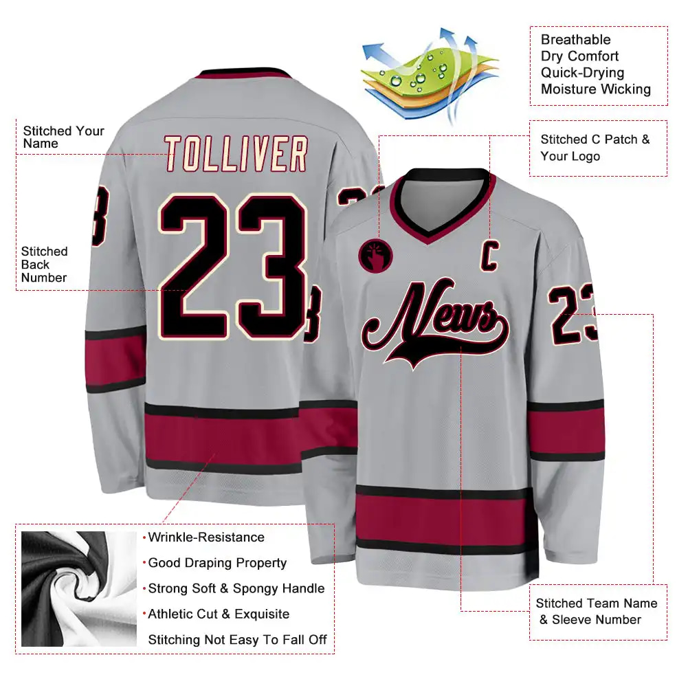 Inktee Store - Stitched And Print Gray Black-Maroon Hockey Jersey Custom Image
