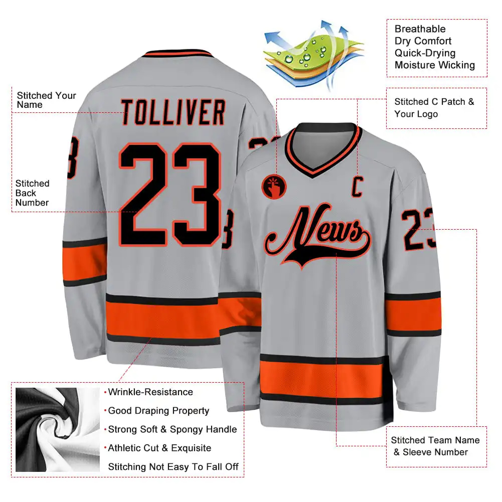 Inktee Store - Stitched And Print Gray Black-Orange Hockey Jersey Custom Image