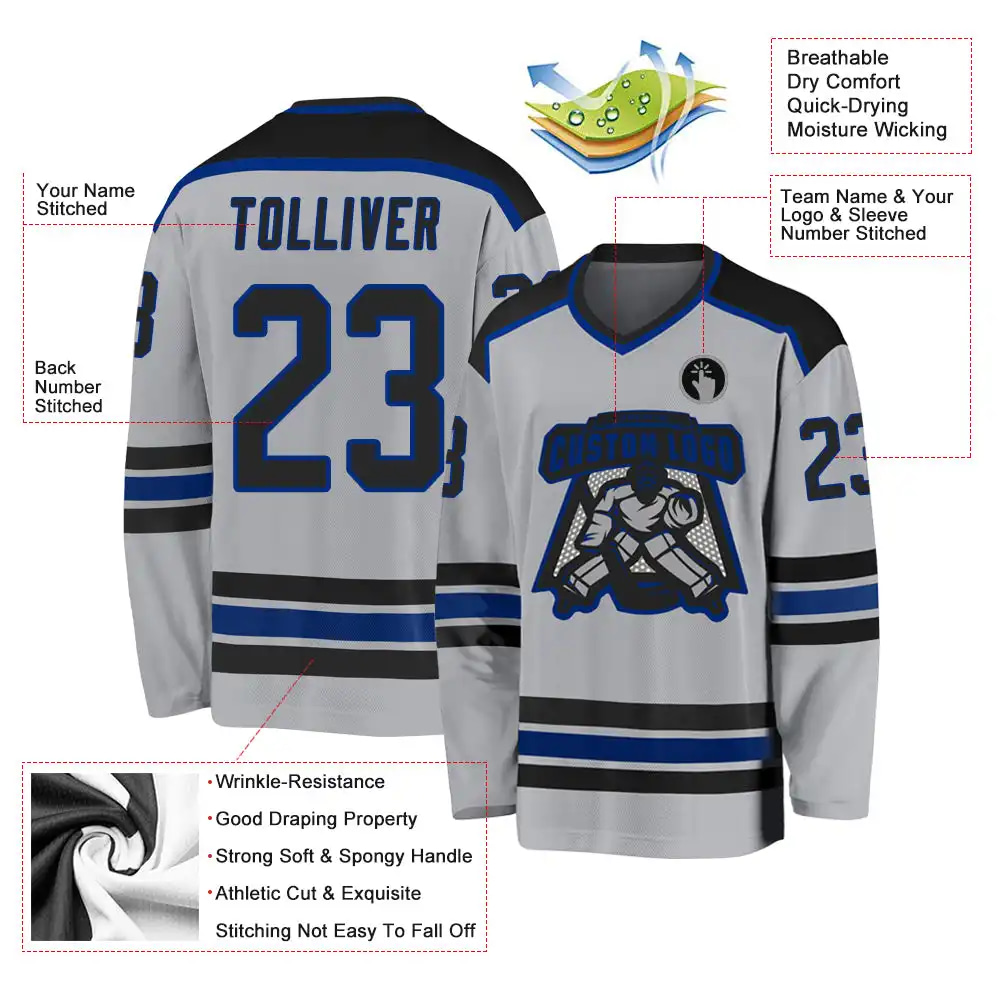 Inktee Store - Stitched And Print Gray Black-Royal Hockey Jersey Custom Image