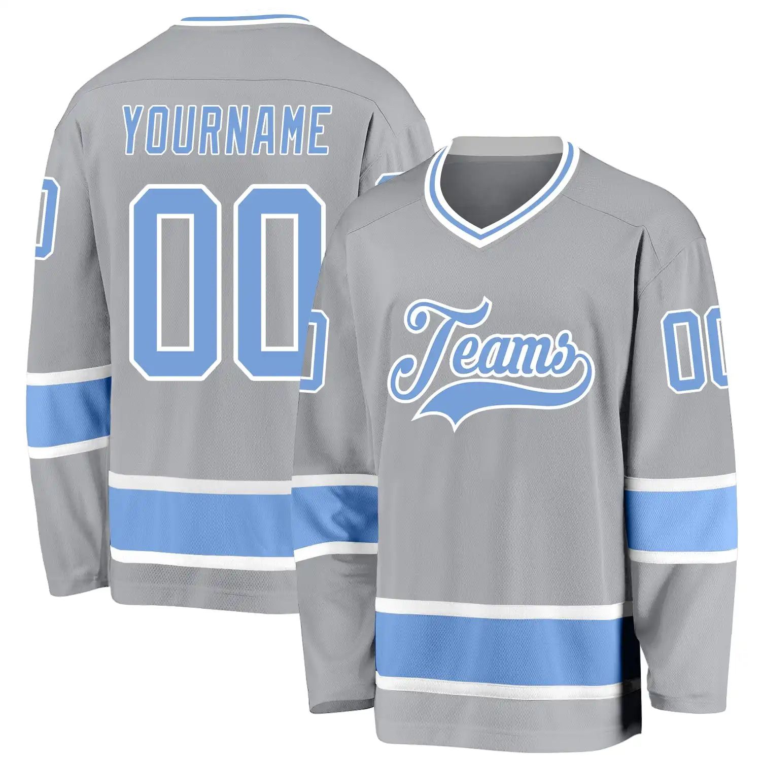Stitched And Print Gray Light Blue-white Hockey Jersey Custom