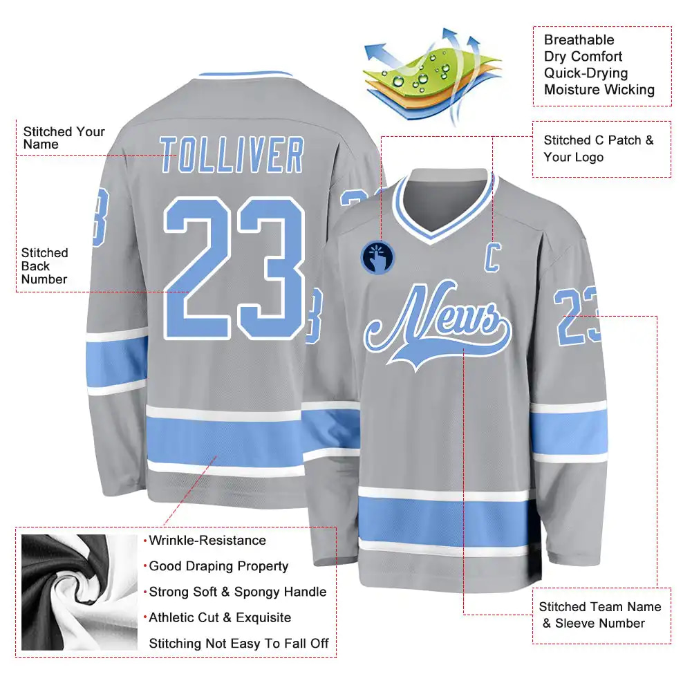 Inktee Store - Stitched And Print Gray Light Blue-White Hockey Jersey Custom Image