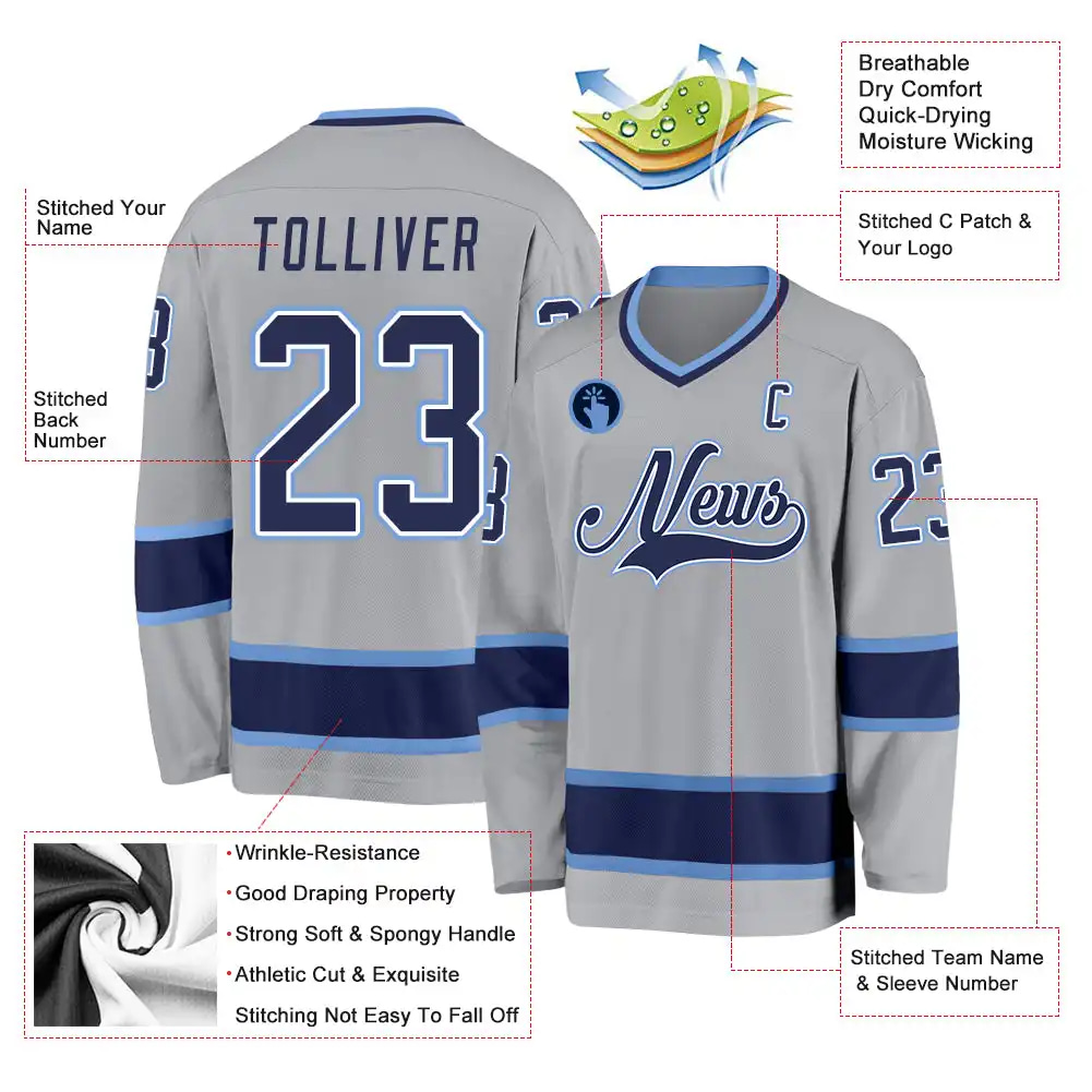 Inktee Store - Stitched And Print Gray Navy-Light Blue Hockey Jersey Custom Image
