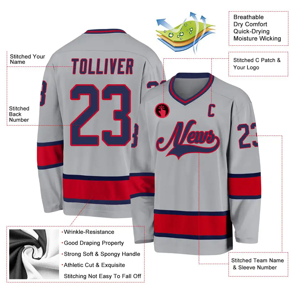 Inktee Store - Stitched And Print Gray Navy-Red Hockey Jersey Custom Image