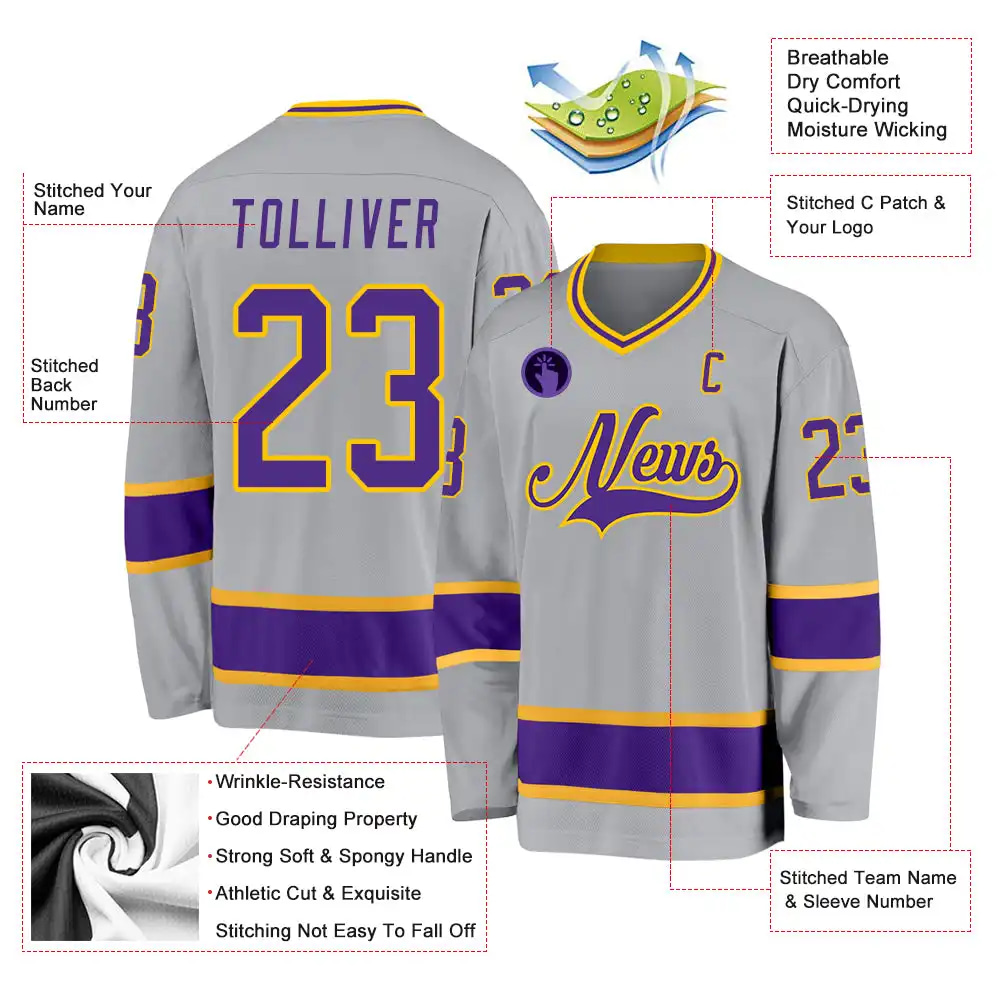 Inktee Store - Stitched And Print Gray Purple-Gold Hockey Jersey Custom Image