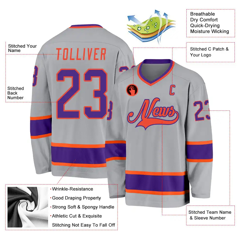 Inktee Store - Stitched And Print Gray Purple-Orange Hockey Jersey Custom Image