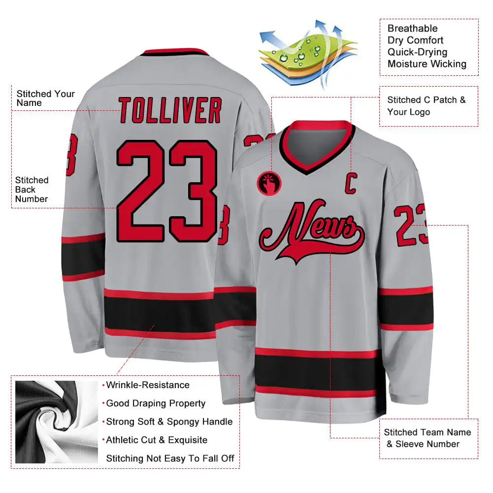 Inktee Store - Stitched And Print Gray Red-Black Hockey Jersey Custom Image