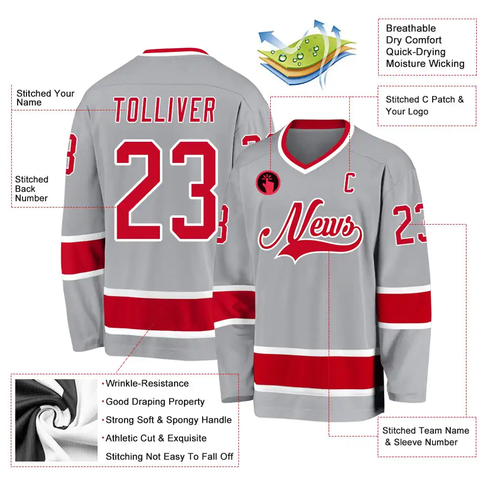 Inktee Store - Stitched And Print Gray Red-White Hockey Jersey Custom Image