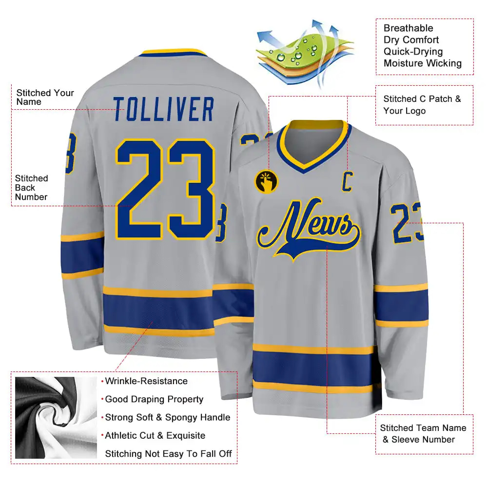 Inktee Store - Stitched And Print Gray Royal-Gold Hockey Jersey Custom Image