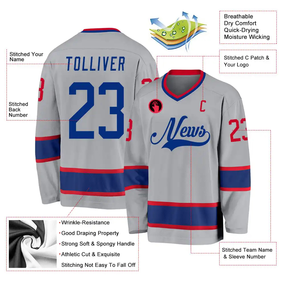 Inktee Store - Stitched And Print Gray Royal-Red Hockey Jersey Custom Image