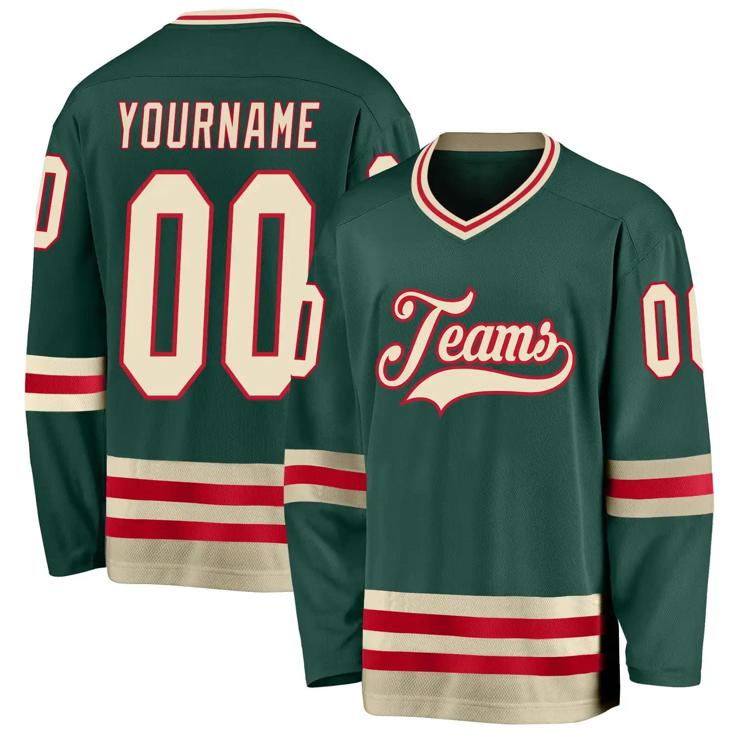 Stitched And Print Green Cream-Red Hockey Jersey Custom