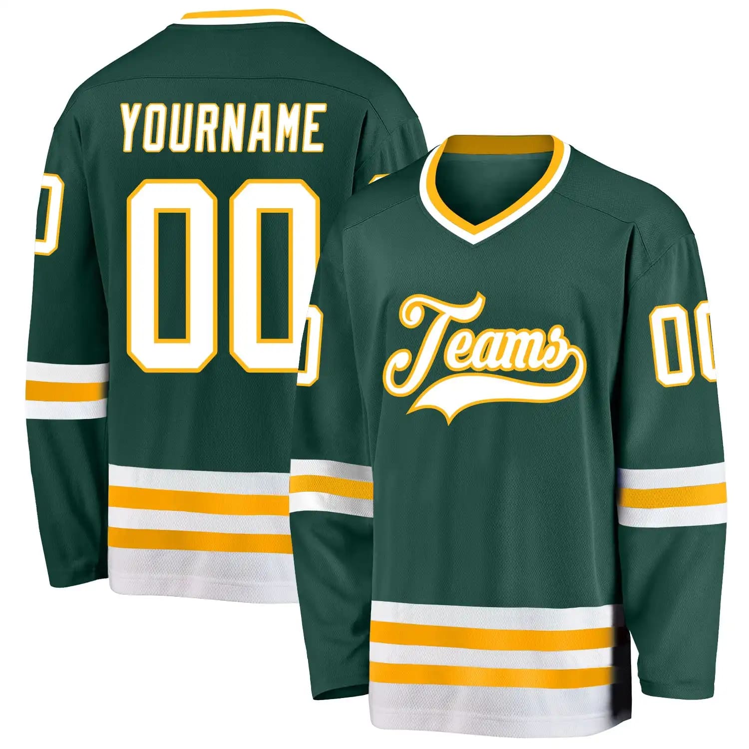 Stitched And Print Green White-Gold Hockey Jersey Custom