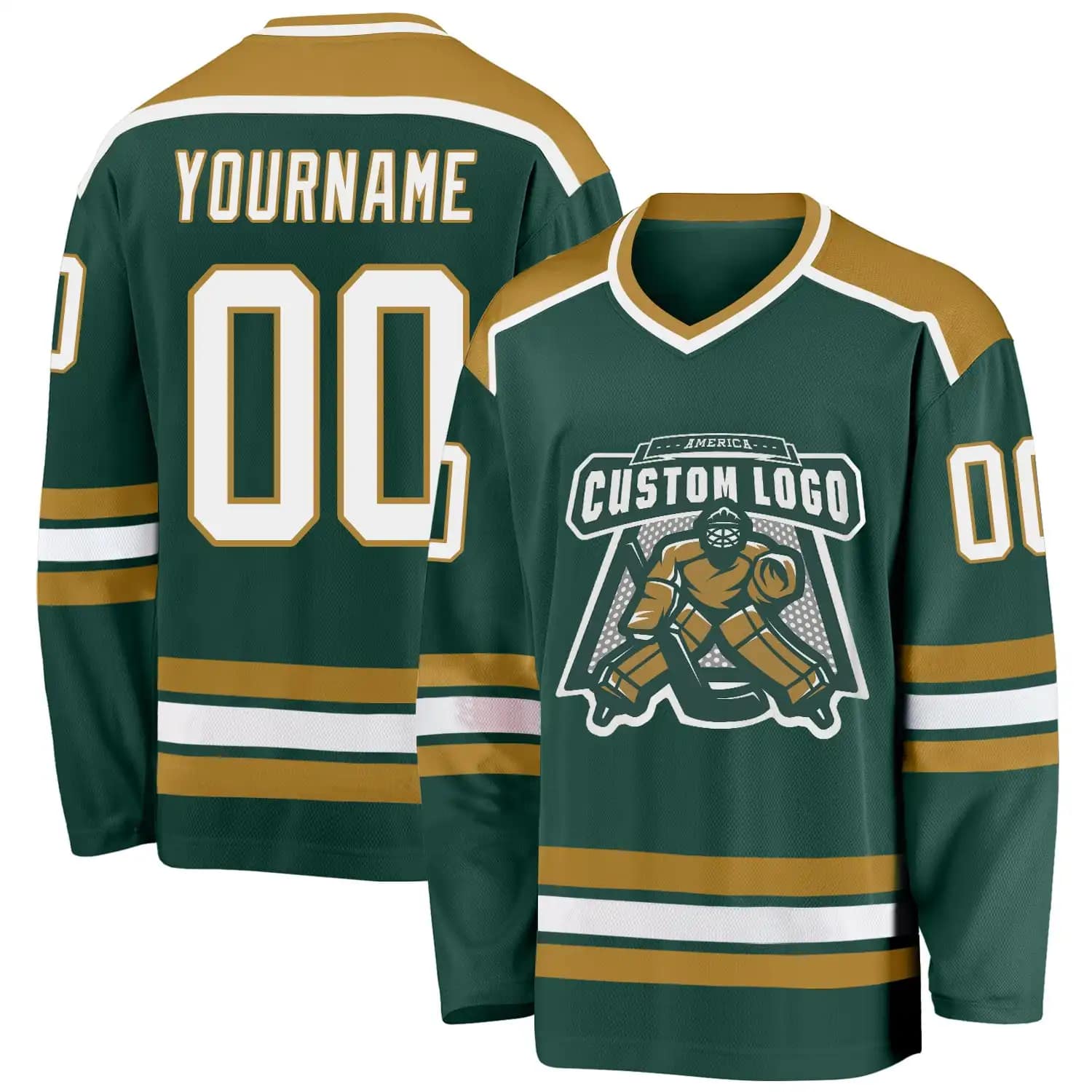 Stitched And Print Green White-Old Gold Hockey Jersey Custom