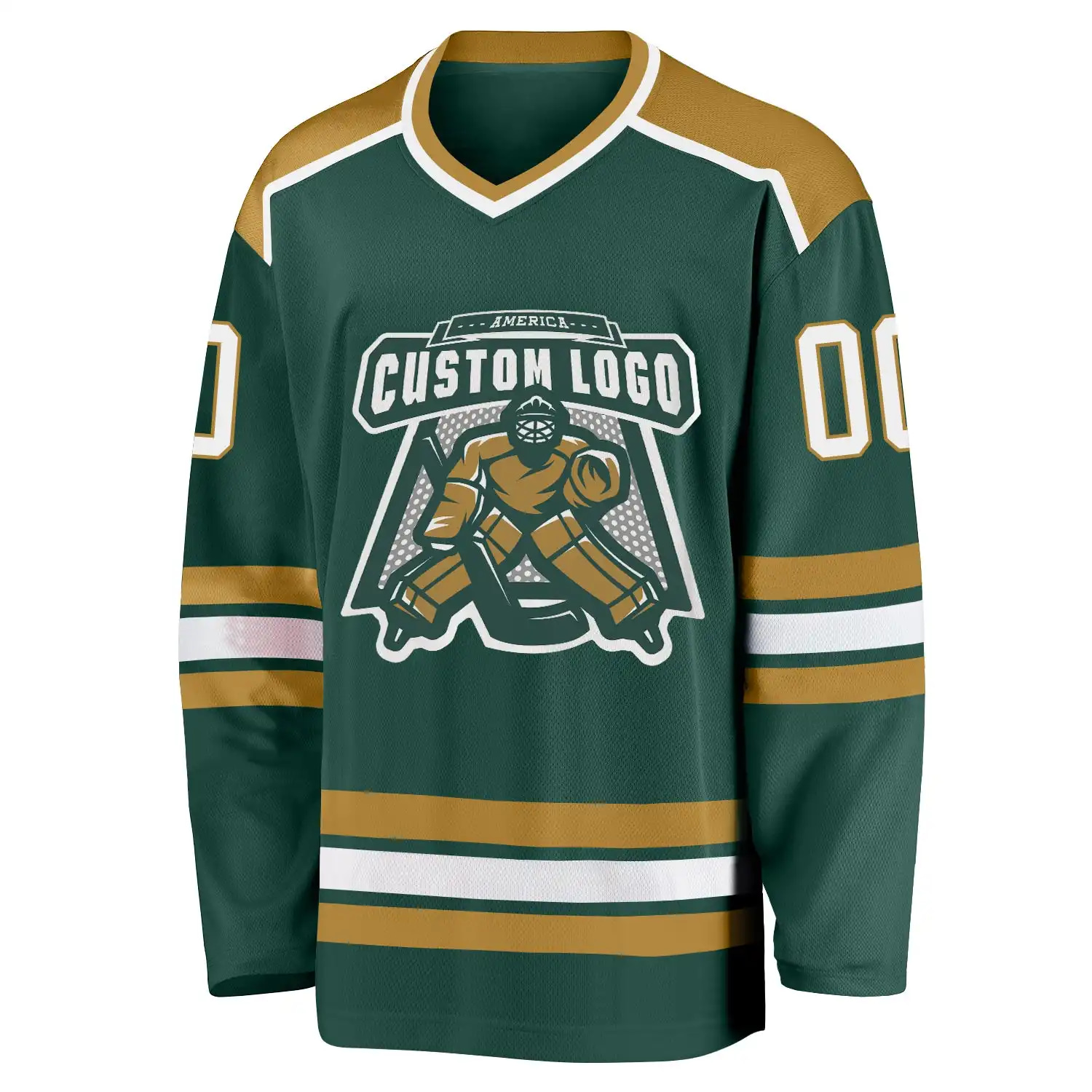 Inktee Store - Stitched And Print Green White-Old Gold Hockey Jersey Custom Image