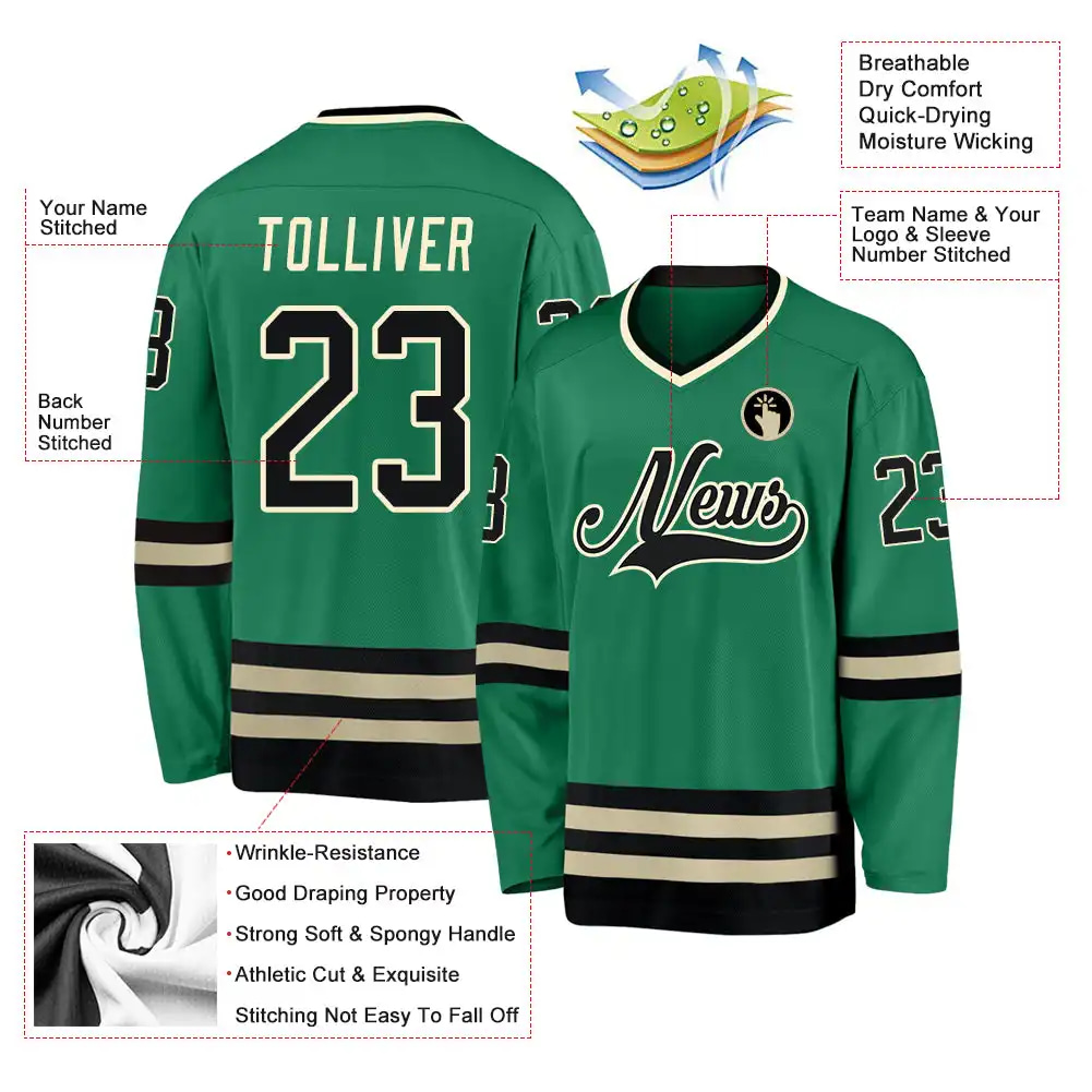 Inktee Store - Stitched And Print Kelly Green Black-Cream Hockey Jersey Custom Image