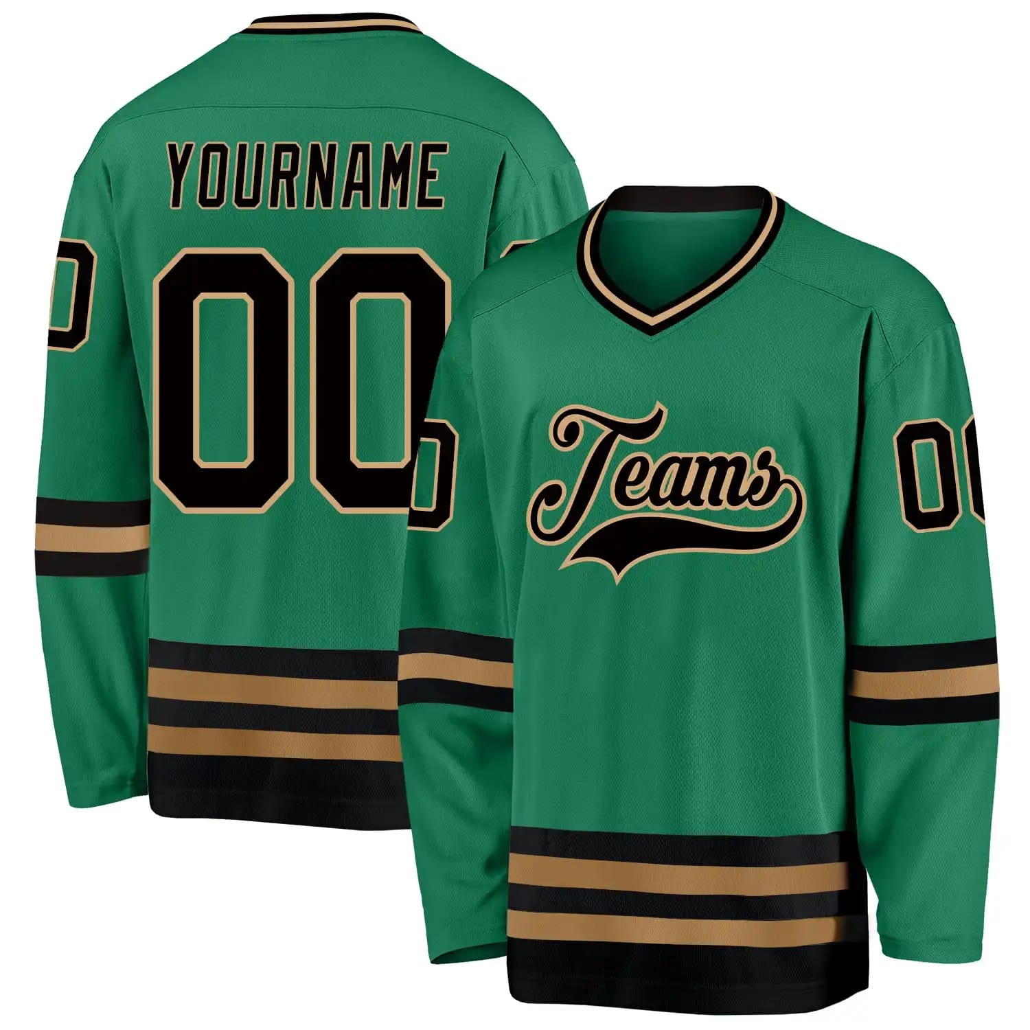 Stitched And Print Kelly Green Black-Old Gold Hockey Jersey Custom