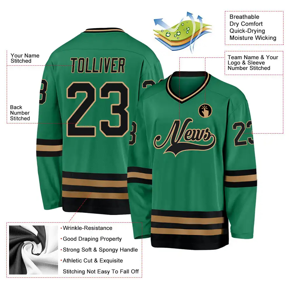 Inktee Store - Stitched And Print Kelly Green Black-Old Gold Hockey Jersey Custom Image