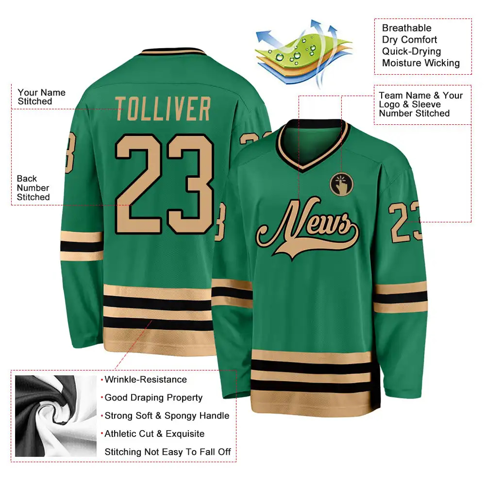 Inktee Store - Stitched And Print Kelly Green Old Gold-Black Hockey Jersey Custom Image