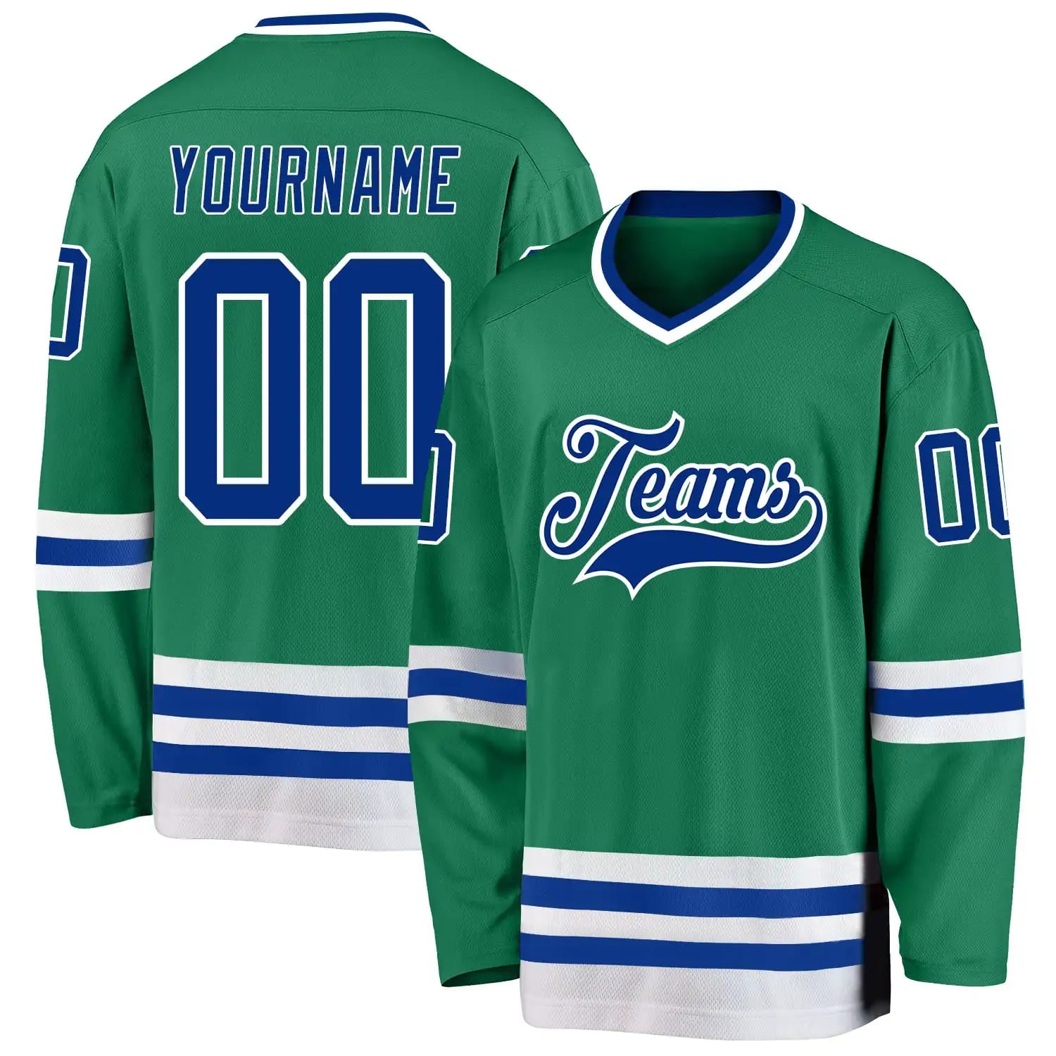 Stitched And Print Kelly Green Royal-White Hockey Jersey Custom