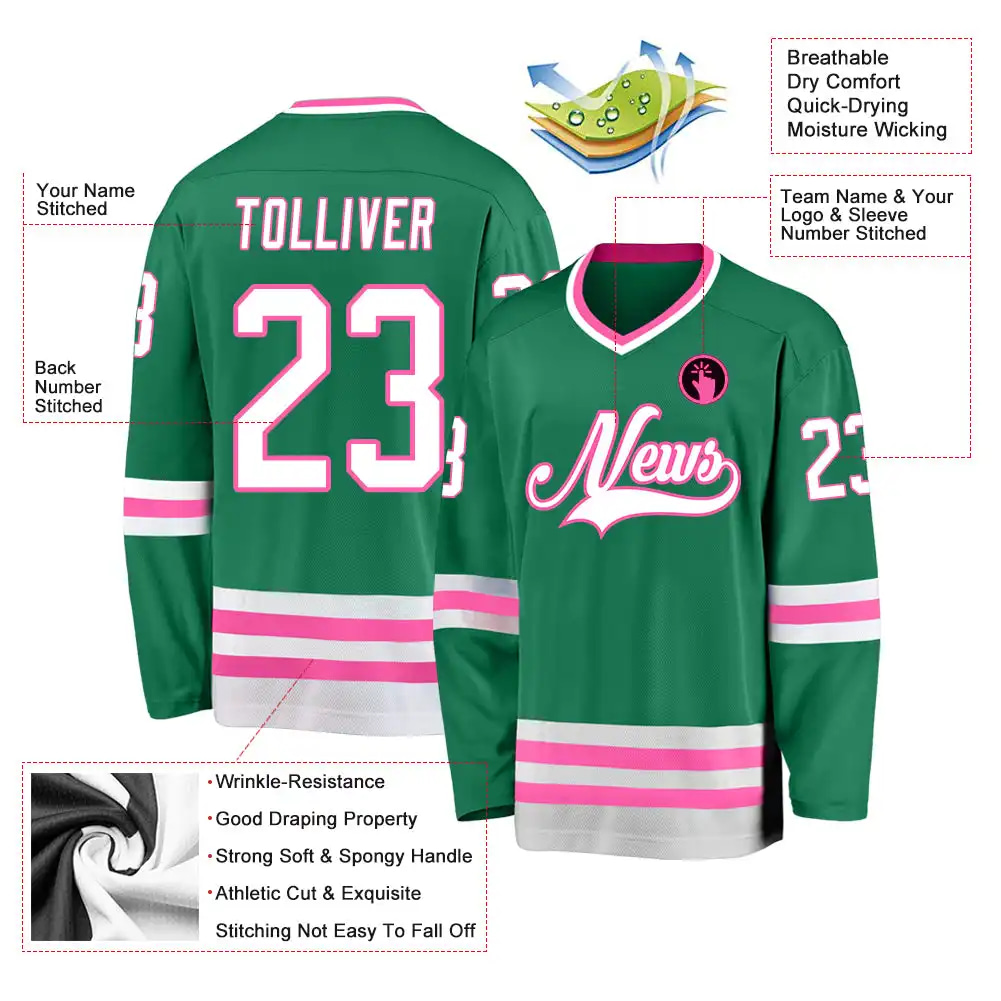 Inktee Store - Stitched And Print Kelly Green White-Pink Hockey Jersey Custom Image