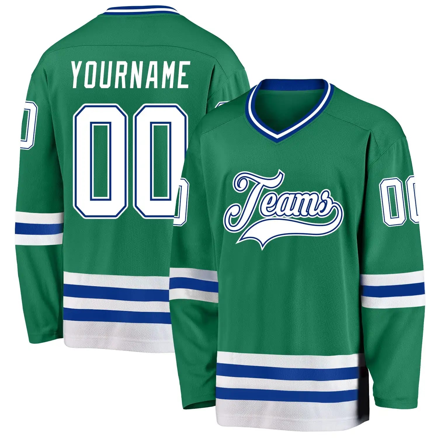 Stitched And Print Kelly Green White-Royal Hockey Jersey Custom