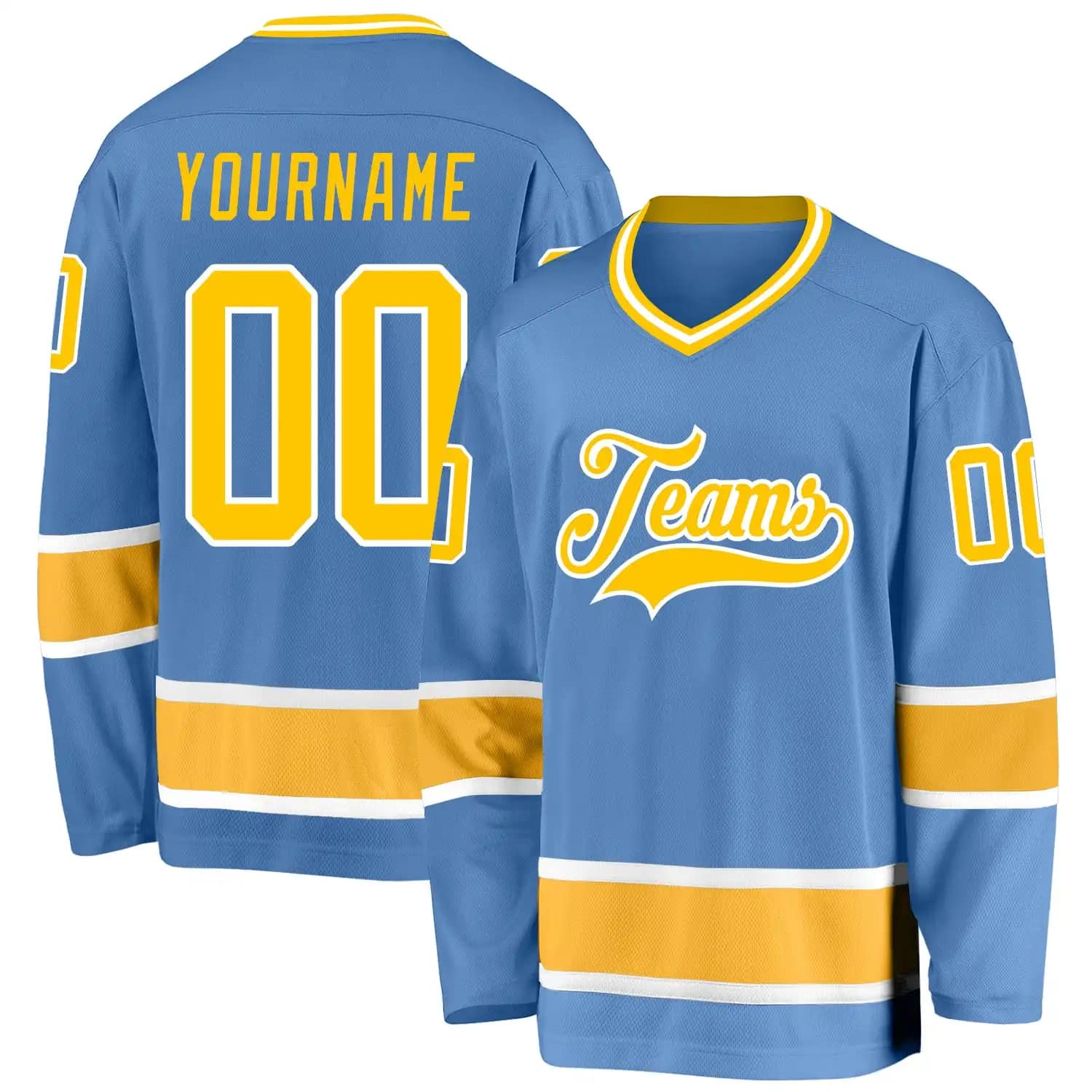 Stitched And Print Light Blue Gold-White Hockey Jersey Custom
