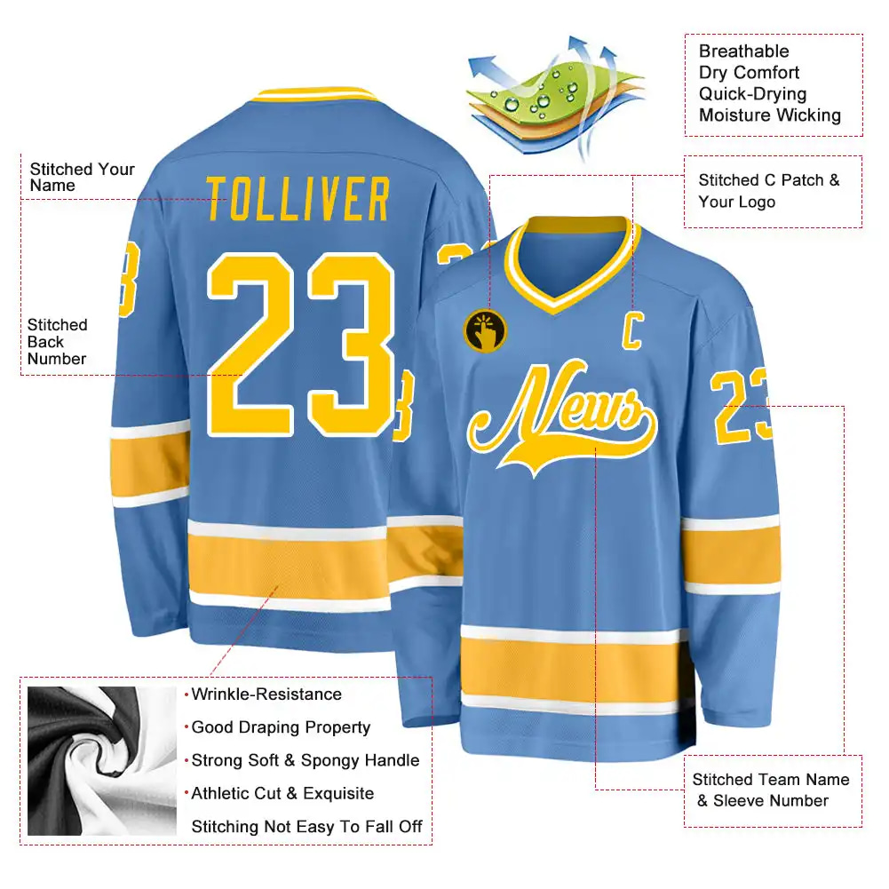 Inktee Store - Stitched And Print Light Blue Gold-White Hockey Jersey Custom Image