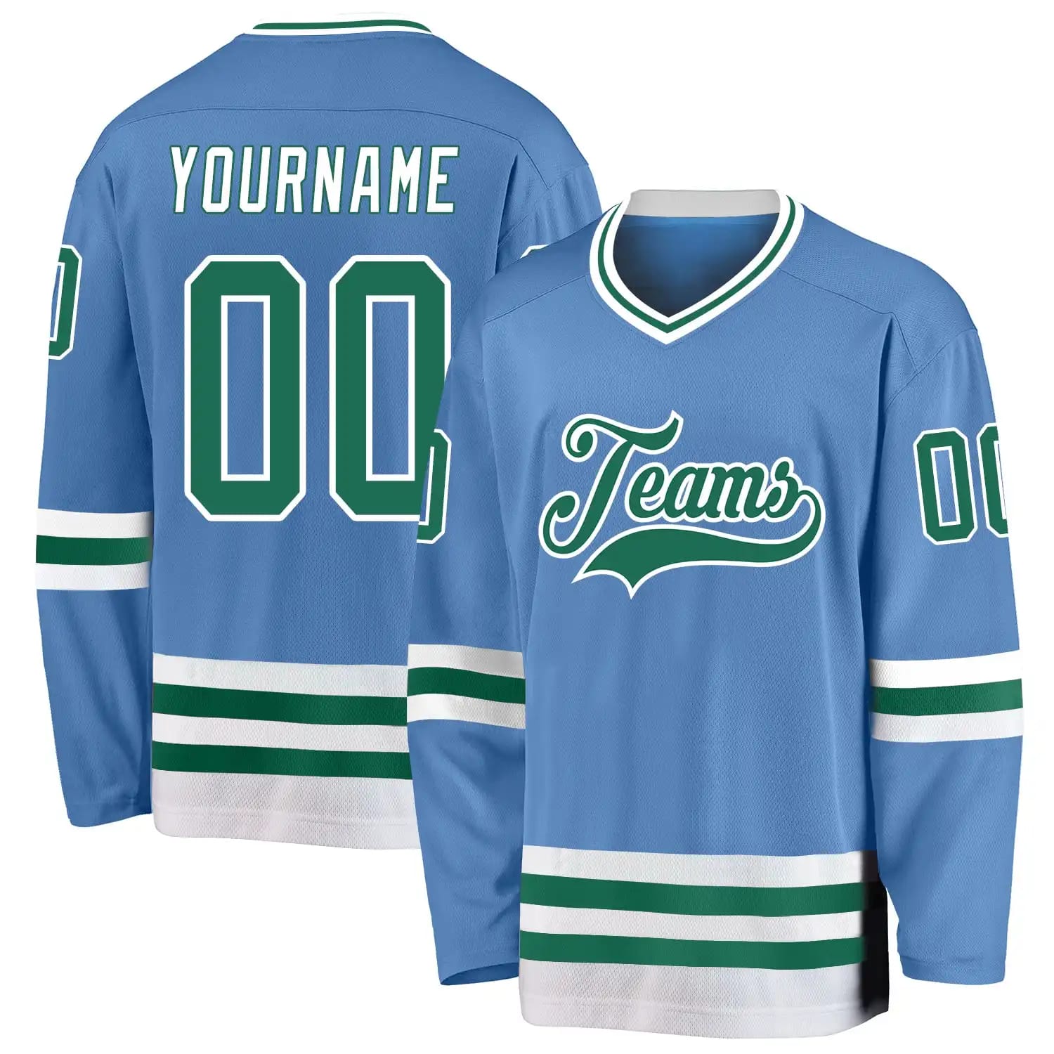Stitched And Print Light Blue Kelly Green-White Hockey Jersey Custom