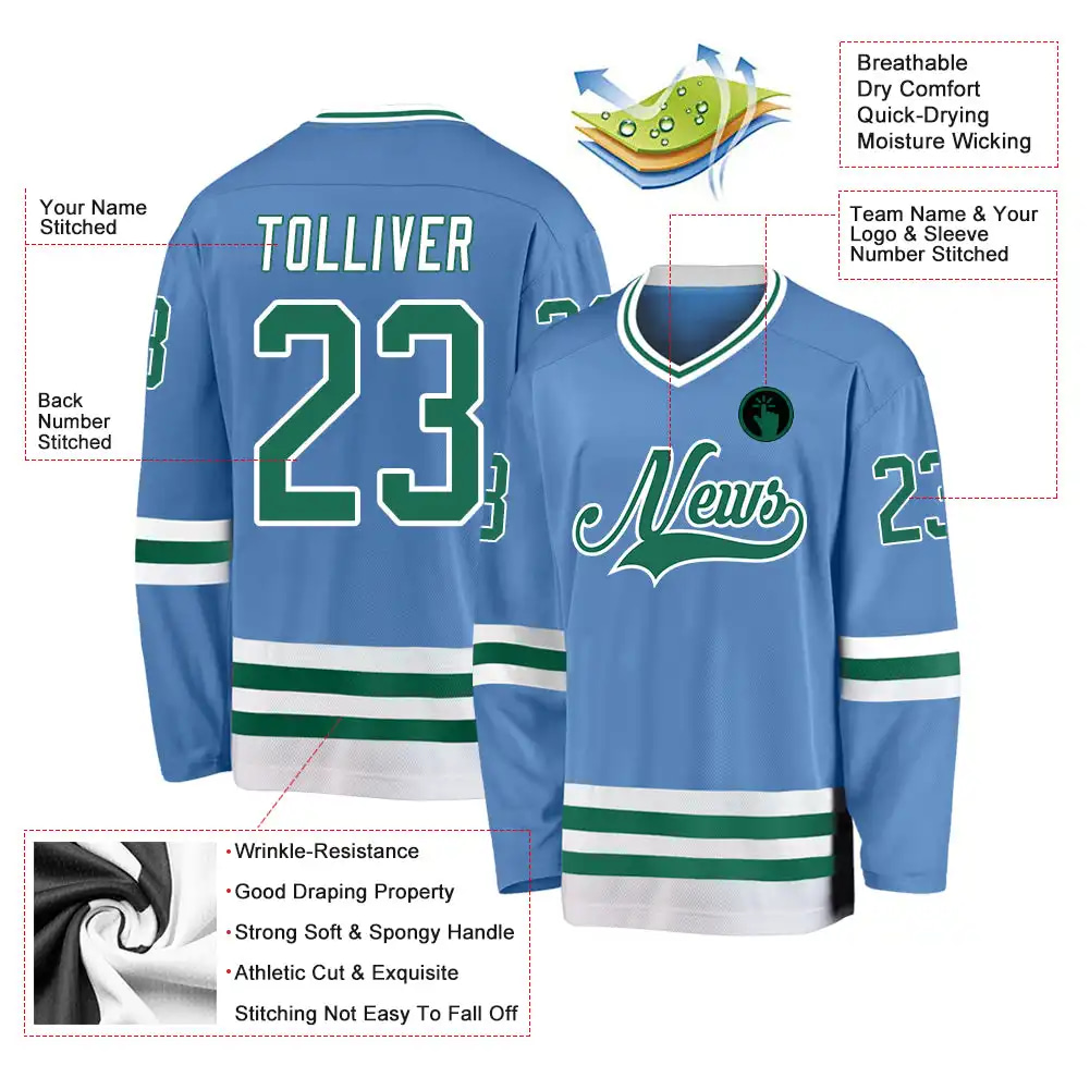 Inktee Store - Stitched And Print Light Blue Kelly Green-White Hockey Jersey Custom Image