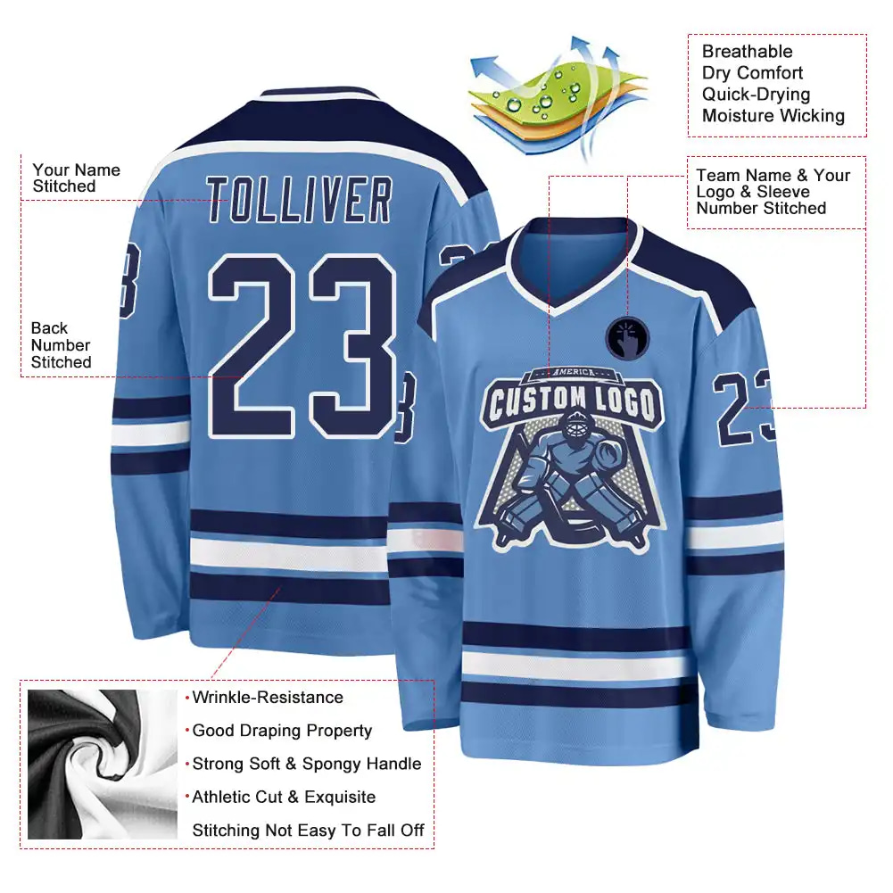 Inktee Store - Stitched And Print Light Blue Navy-White Hockey Jersey Custom Image