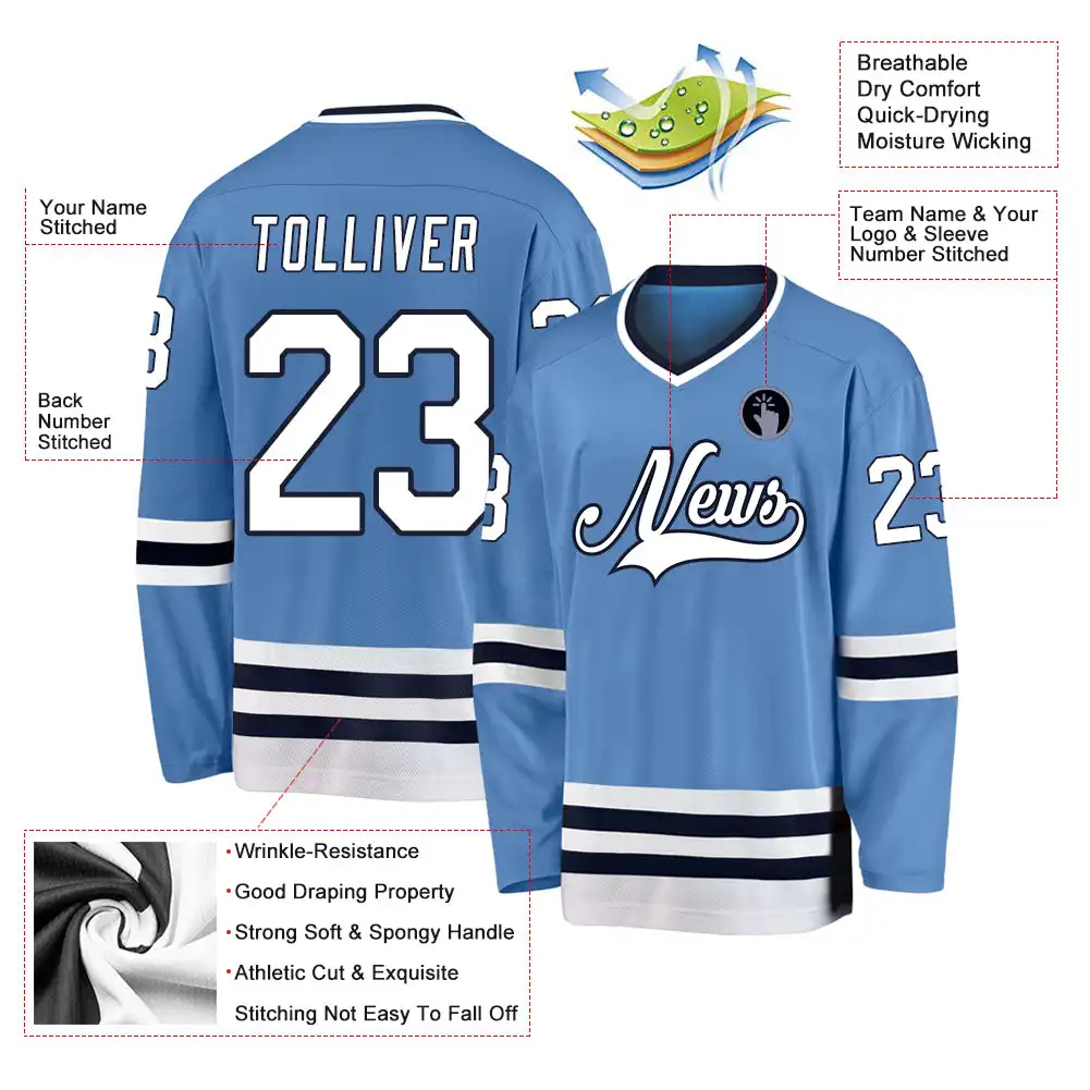 Inktee Store - Stitched And Print Light Blue White-Navy Hockey Jersey Custom Image