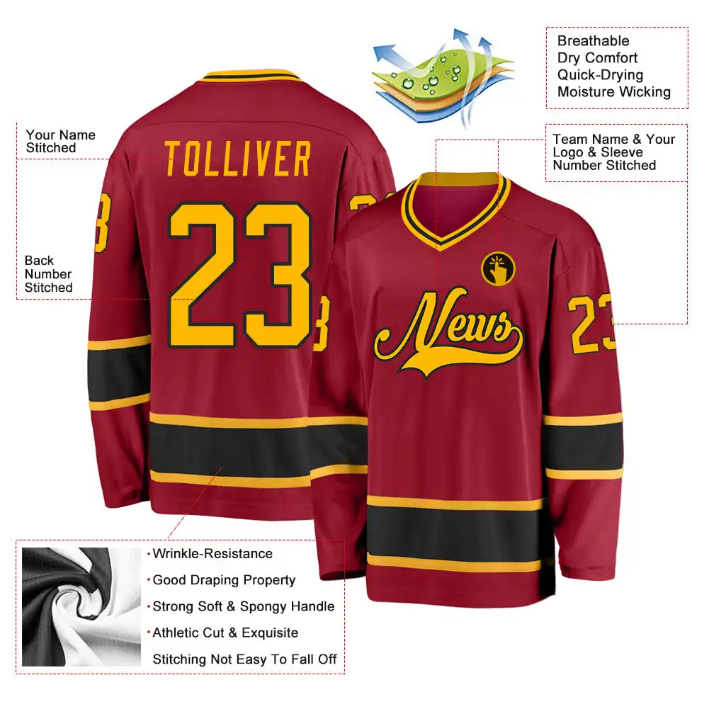 Inktee Store - Stitched And Print Maroon Gold-Black Hockey Jersey Custom Image
