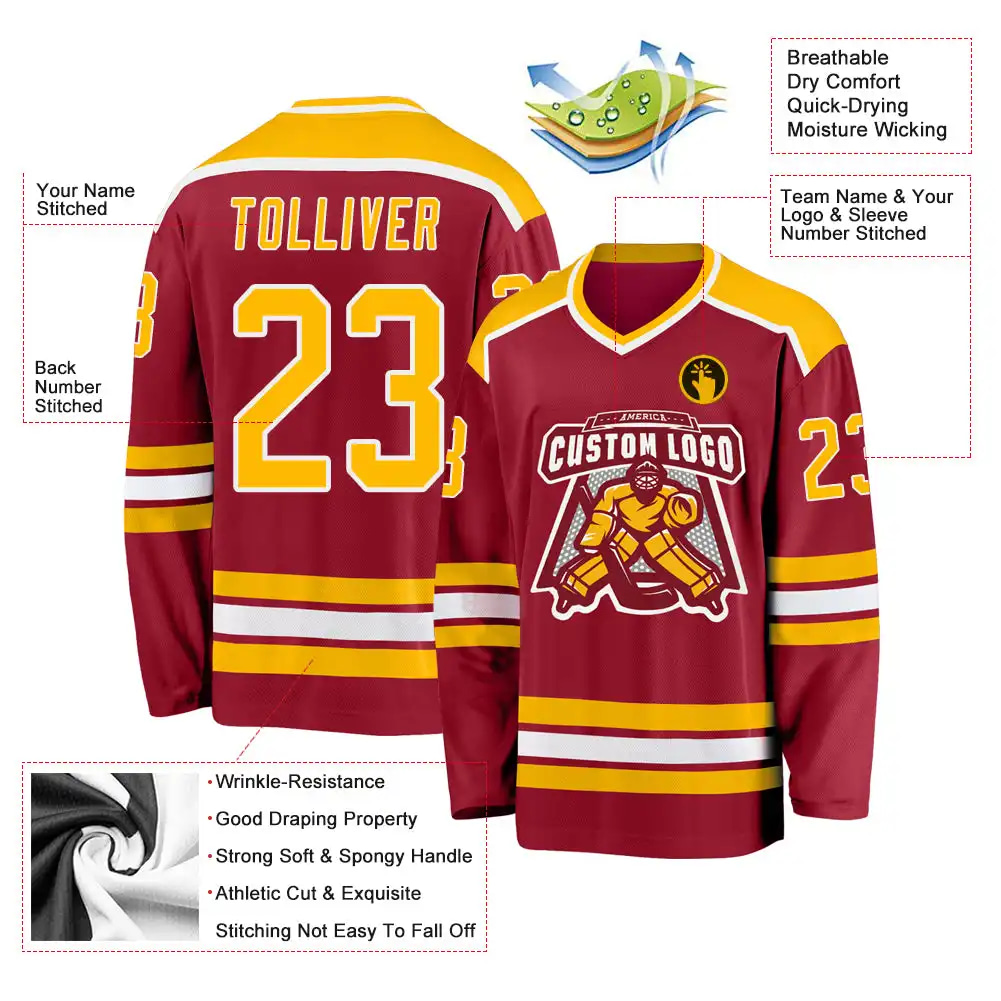 Inktee Store - Stitched And Print Maroon Gold-White Hockey Jersey Custom Image