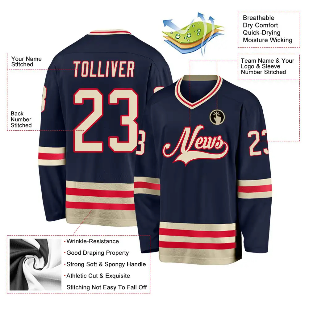 Inktee Store - Stitched And Print Navy Cream-Red Hockey Jersey Custom Image