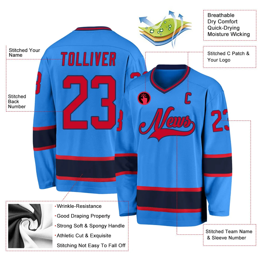 Inktee Store - Stitched And Print Powder Blue Red-Navy Hockey Jersey Custom Image