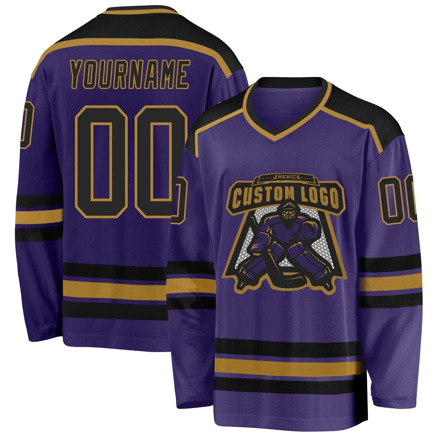 Stitched And Print Purple Black-old Gold Hockey Jersey Custom