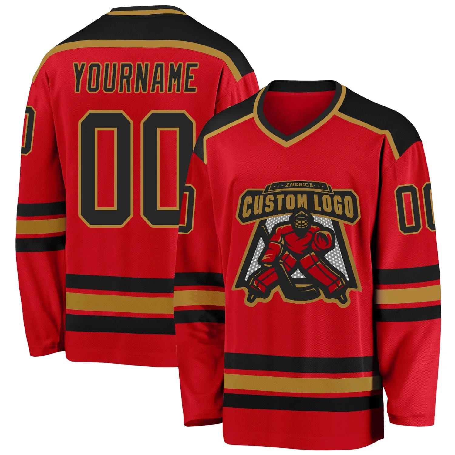 Stitched And Print Red Black-old Gold Hockey Jersey Custom
