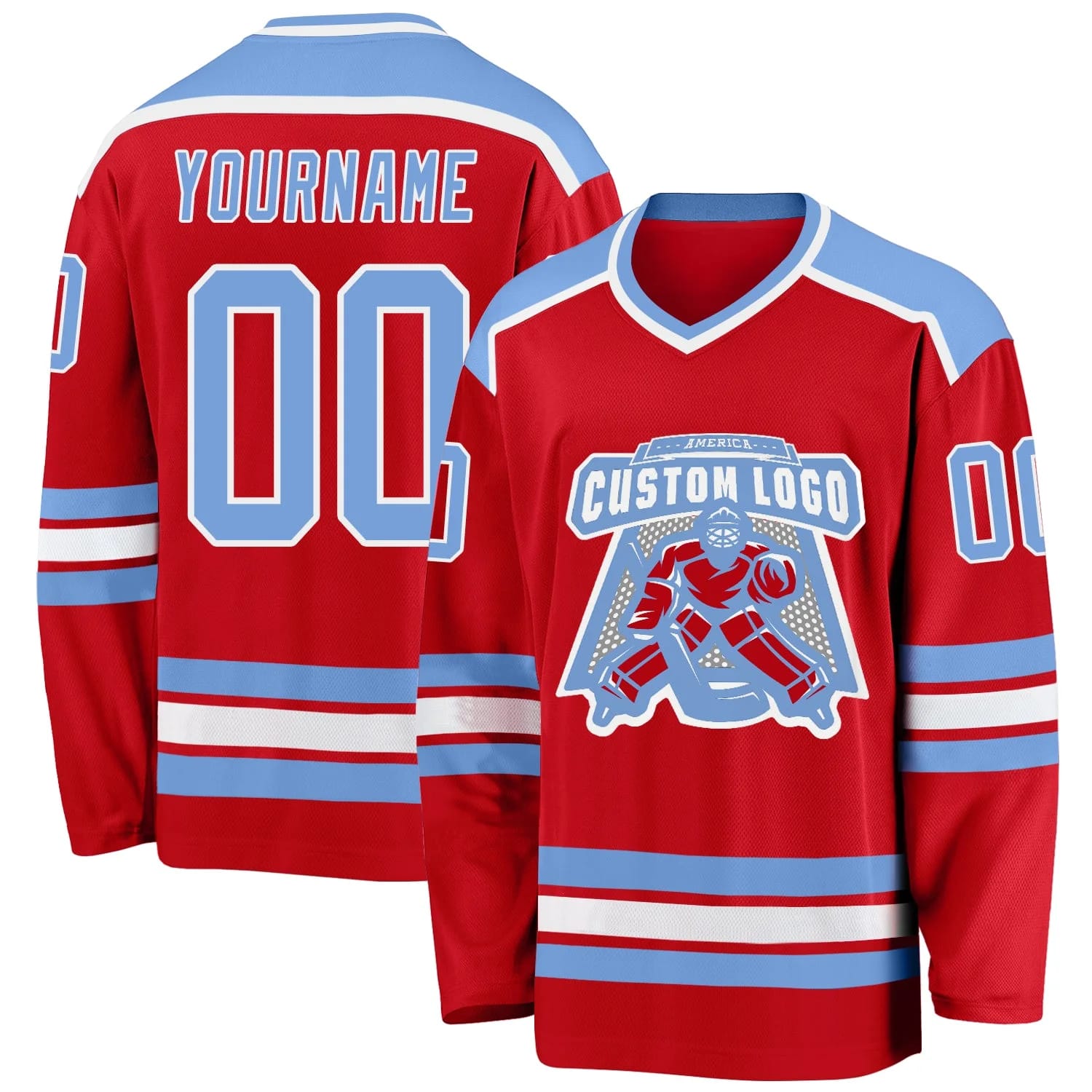 Stitched And Print Red Light Blue-white Hockey Jersey Custom