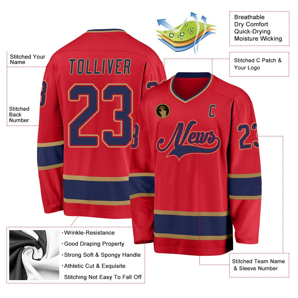 Inktee Store - Stitched And Print Red Navy-Old Gold Hockey Jersey Custom Image