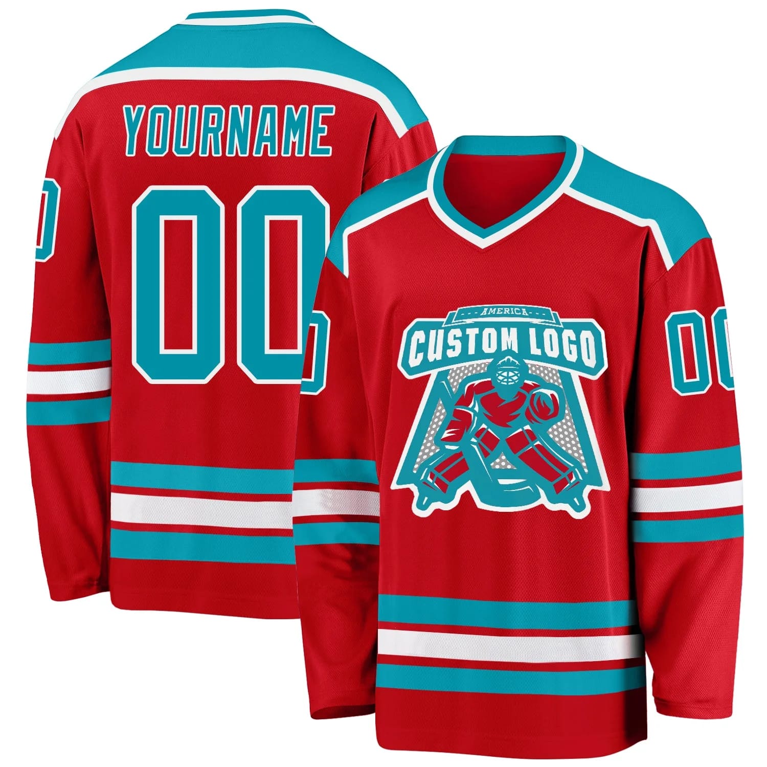 Stitched And Print Red Teal-white Hockey Jersey Custom