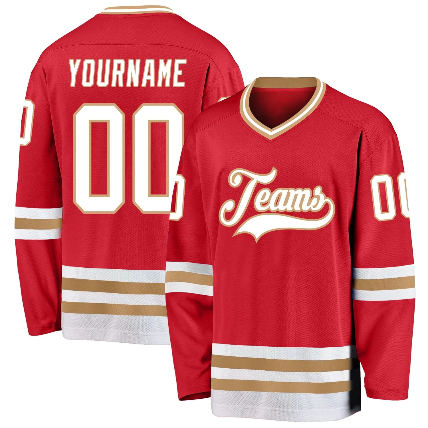 Stitched And Print Red White-Old Gold Hockey Jersey Custom