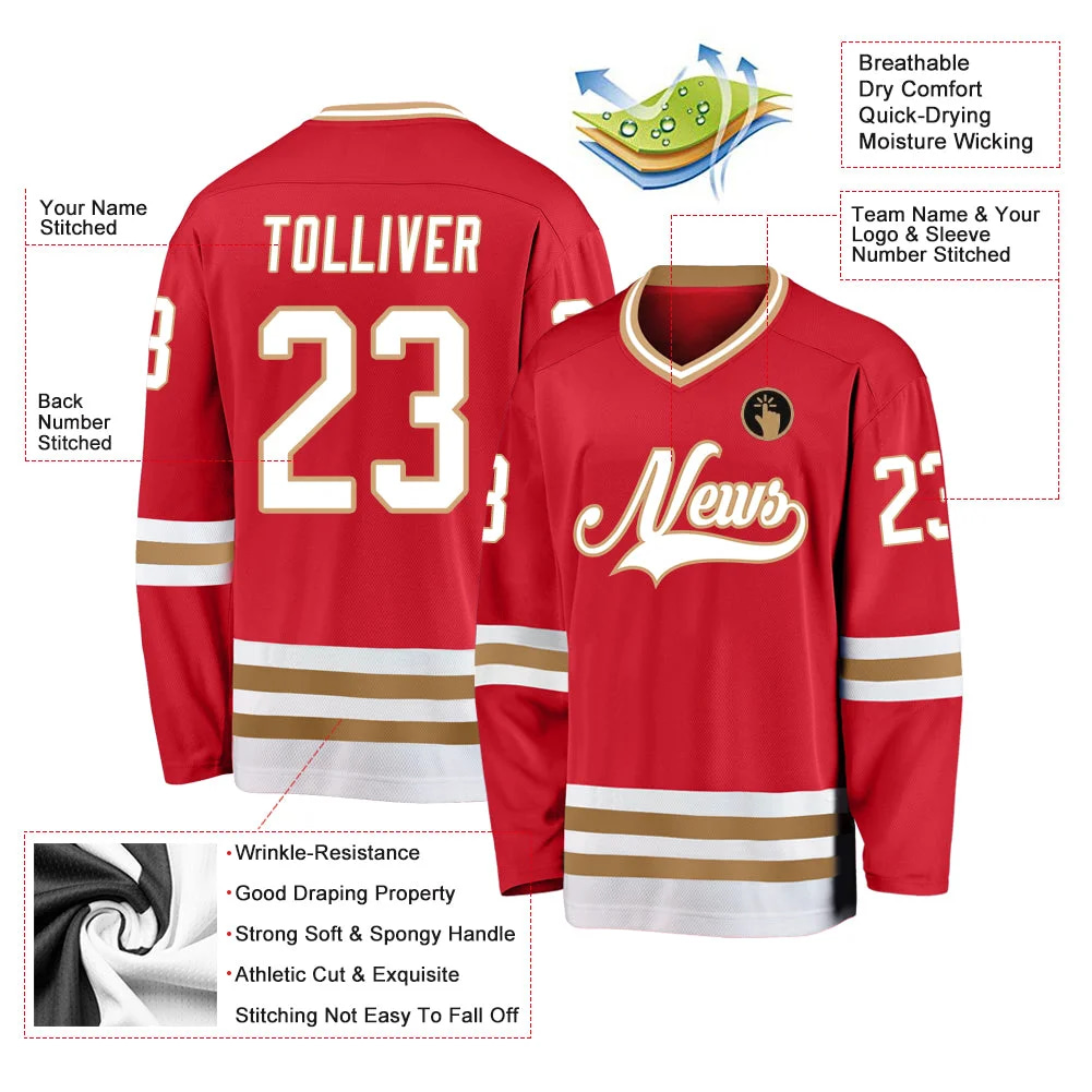 Inktee Store - Stitched And Print Red White-Old Gold Hockey Jersey Custom Image