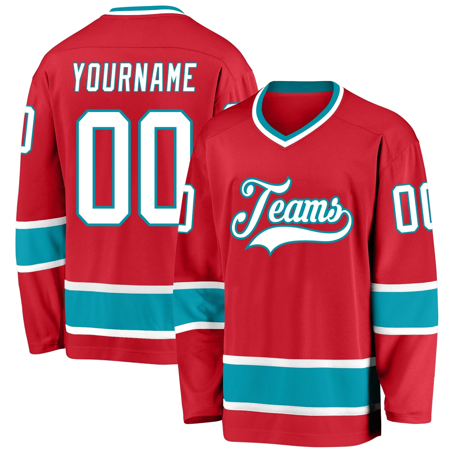 Stitched And Print Red White-teal Hockey Jersey Custom