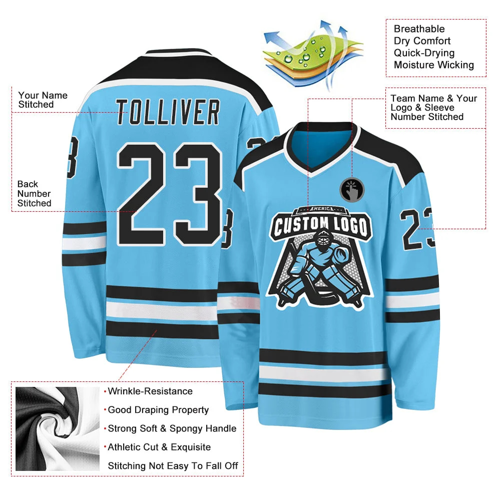 Inktee Store - Stitched And Print Sky Blue Black-White Hockey Jersey Custom Image