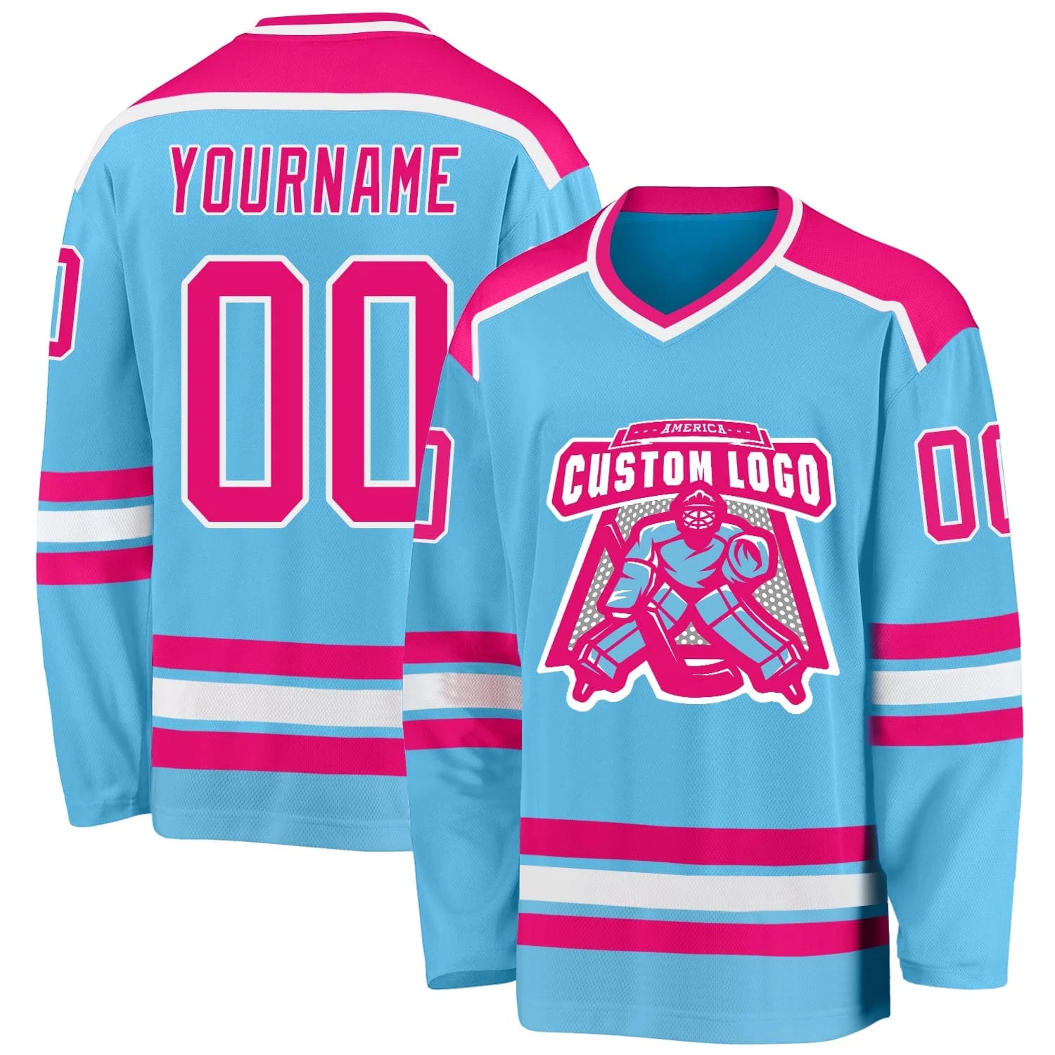 Stitched And Print Sky Blue Hot Pink-white Hockey Jersey Custom